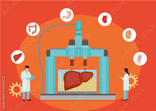 Concept of bioprinting of tissues and organs on red background. Colorful vector illustration in flat cartoon style.