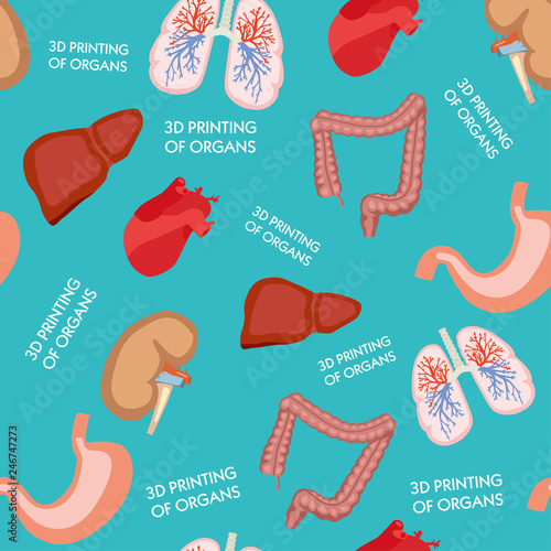 human organs seamless pattern. Concept of bioprinting of tissues and organs on red background. Colorful vector illustration in flat cartoon style.