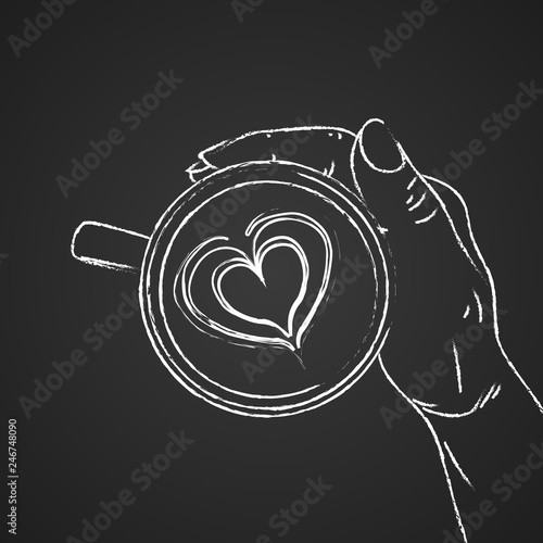 Hand holding cup of coffee. Sketch on the chalkboard background . Vector illustration