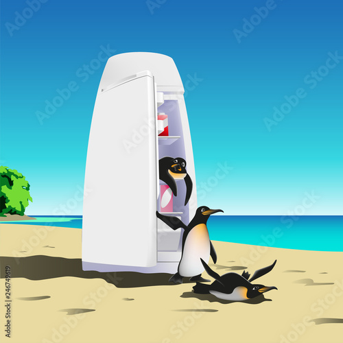 Fridge and penguins on the beach.
Penguins come out of the refrigerator to the beach. Vector illustration.