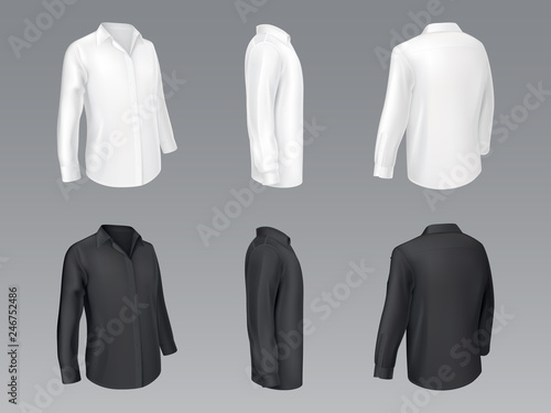 Black and white mens classic shirts, womens blouse with long sleeve half turn front, side and back view realistic vector mockup isolated on grey background. Unisex casual clothing element illustration
