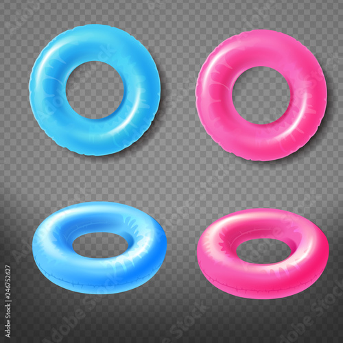 Blue and pink inflatable rings top, front view 3d realistic vector icons set isolated on transparent background. Water park swimming pool toy illustration. Summer beach leisure concept design elements