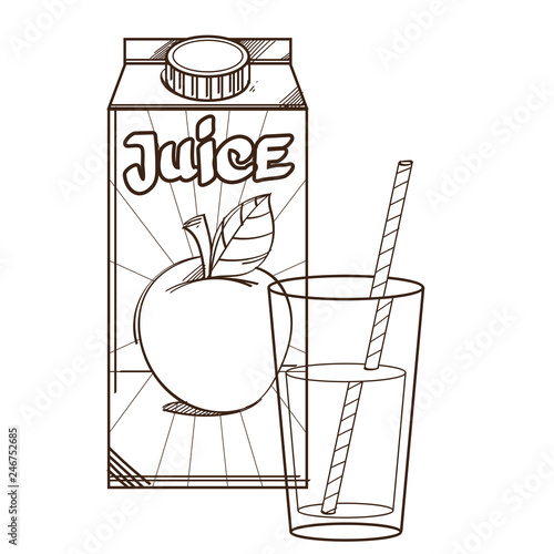 Vector monochrome set of package with apple juicy and glass near. Illustration isolated on white background