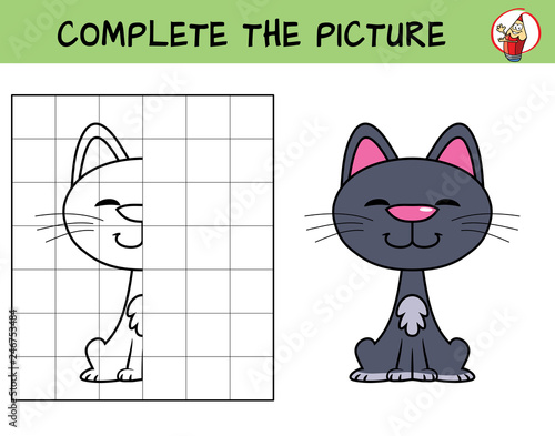 Complete the picture of a funny cat. Copy the picture. Coloring book. Educational game for children. Cartoon vector illustration