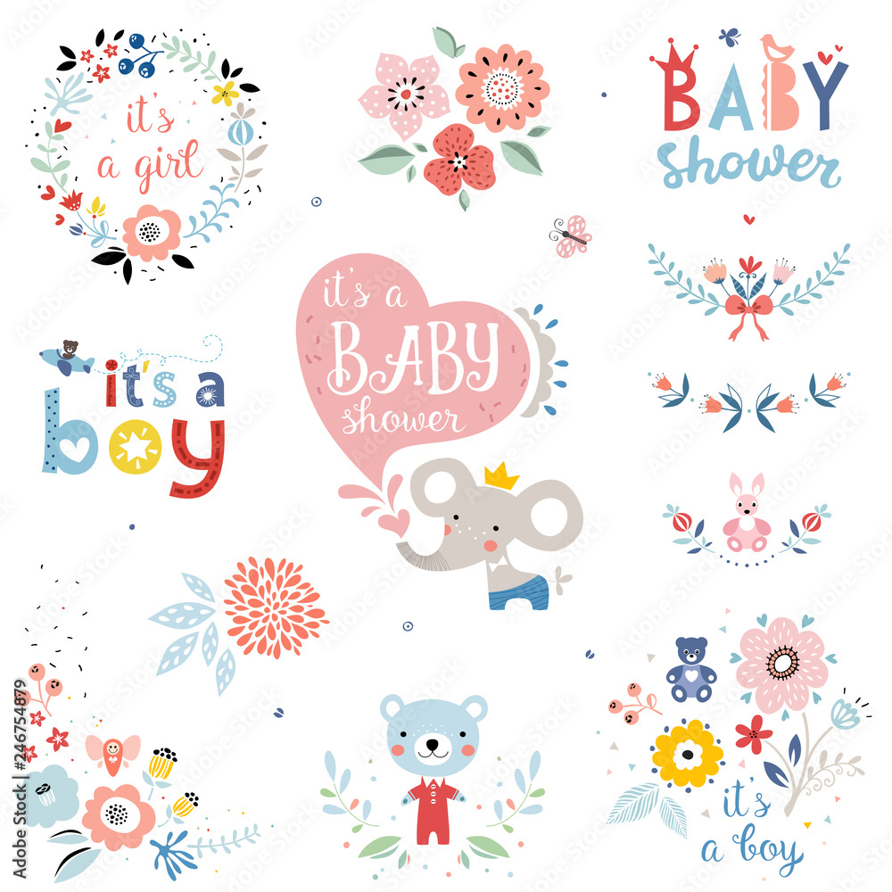 Baby Shower design elements and items. Vector set.