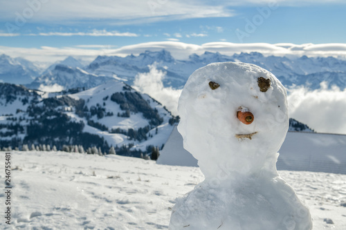 Detailed look at snowman's face on top of Mount Rigi