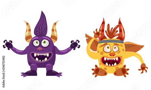 Troll Bigfoot and Imp cute funny fairytale character, emotions, cartoon style, for books, advertising, stickers, vector, illustration, banner, isolated