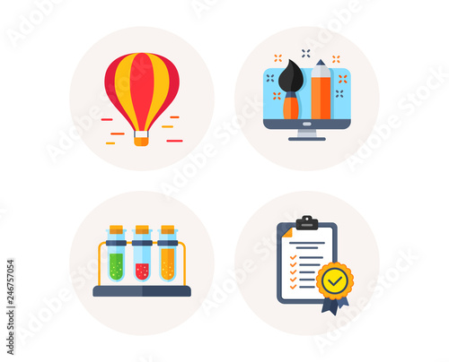 Set of Creative designer, Chemistry and Air balloon icons. In compliance sign. Portfolio, Laboratory tubes, Sky transport. Certified checklist. Colorful icons in round buttons. Vector