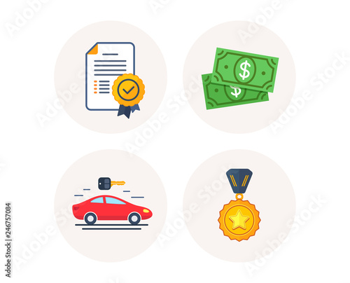 Set of Carsharing, Dollar money and Certificate diploma icons. Winner medal sign. Car rental, Cash payment, Winner award. Champion award. Colorful icons in round buttons. Vector