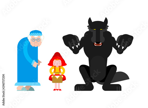 Little Red Riding Hood set. Grandmother and granddaughter. Wolf