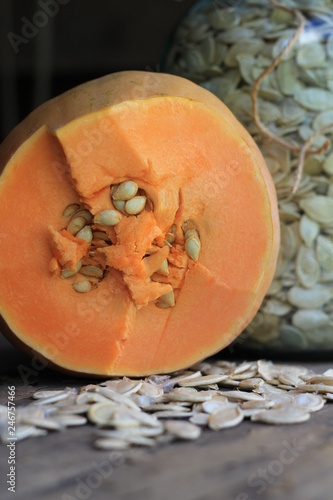 a half of the pumpkin with seeds.