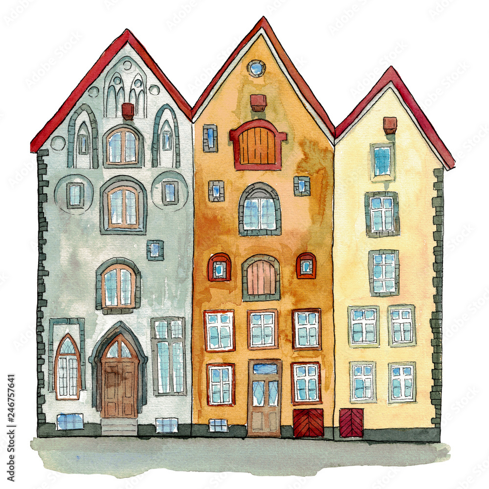 Hand drawn watercolor and ink illustration of medieval houses in european old town street. Design for tourists goods, backgrounds.