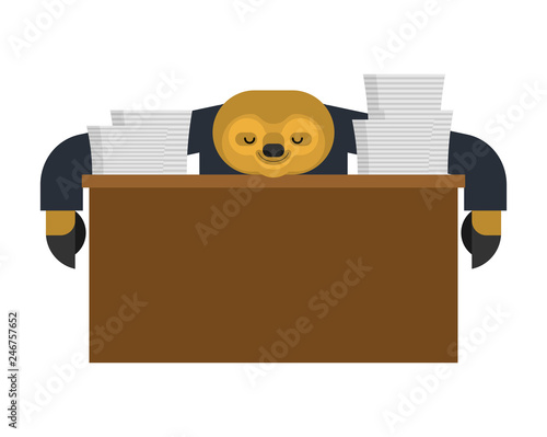 Sloth sleeping at work. lazybones at table. animal Cartoon businessman. Vector illustration