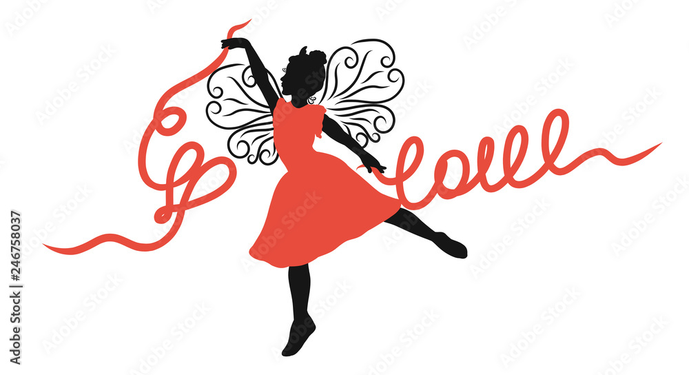 Winged girl dancing with ribbons, the word Love and heart Winged girl dancing with ribbons, the word Love and heart