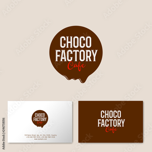 Melted chocolate circle with letters. Logo for cafe or pastry. Composition with chocolate drop, isolated on light background. Identity, business card.