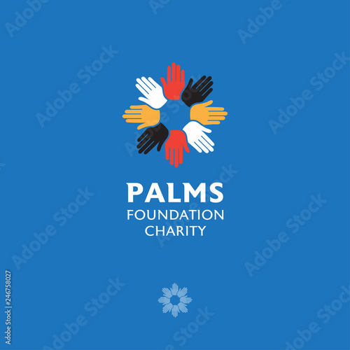 Handbreadth symbol. Foundation charity logo. Multicolored hand palms like a sun with rays. Friendship icon. Care symbol.