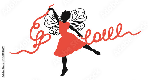 Winged girl dancing with ribbons, the word Love and heart