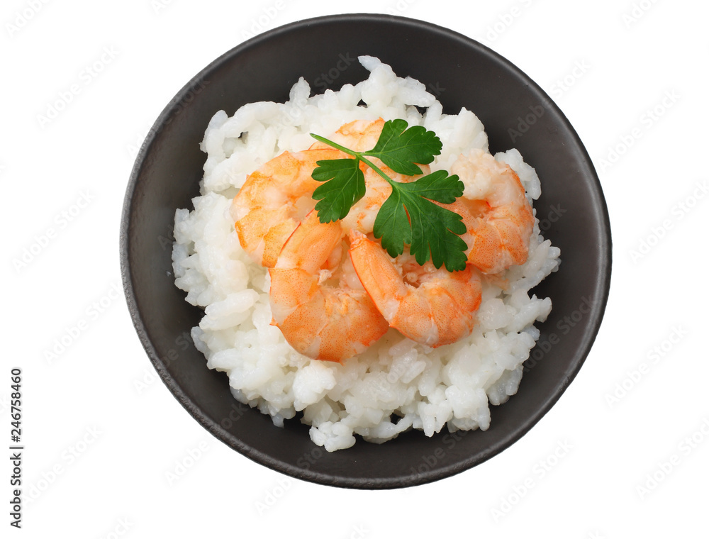 White rice with shrimps in black bowl isolated on white background. top view White rice with shrimps in black bowl isolated on white background. top view
