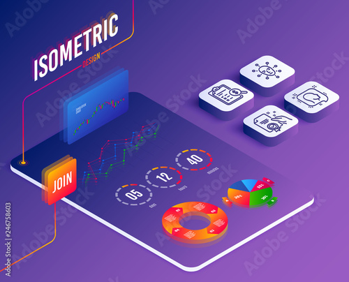 Isometric vector. Set of Head, Face biometrics and Accounting report icons. Certificate sign. Profile messages, Facial recognition, Check finance. Certified guarantee.  Software or Financial markets