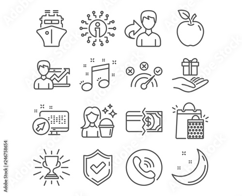 Set of Correct answer, Shopping bags and Ship icons. Trophy, Payment methods and Cleaning signs. Loyalty program, Success business and Musical note symbols. Vector
