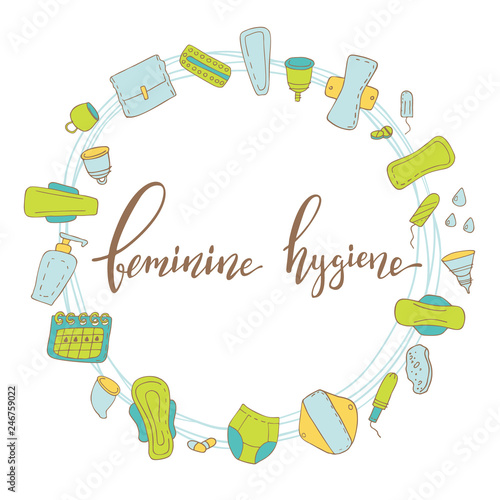Conceptual vector illustration with lettering feminine hygiene  and cartoon style elements isolated on background. Hand drawn vector illustration.