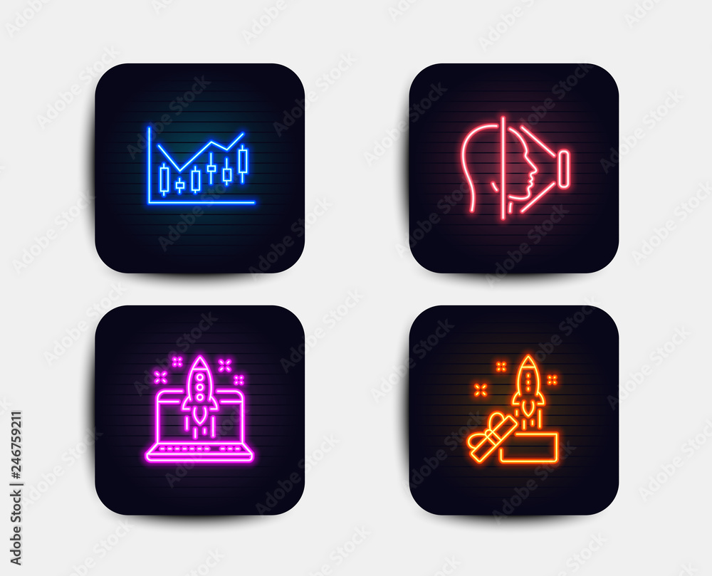 Neon glow lights. Set of Start business, Face id and Financial diagram icons. Innovation sign. Launch idea, Phone scanning, Candlestick chart. Crowdfunding. Neon icons. Glowing light banners. Vector Neon glow lights. Set of Start business, Face id and Financial diagram icons. Innovation sign. Launch idea, Phone scanning, Candlestick chart. Crowdfunding. Neon icons. Glowing light banners. Vector