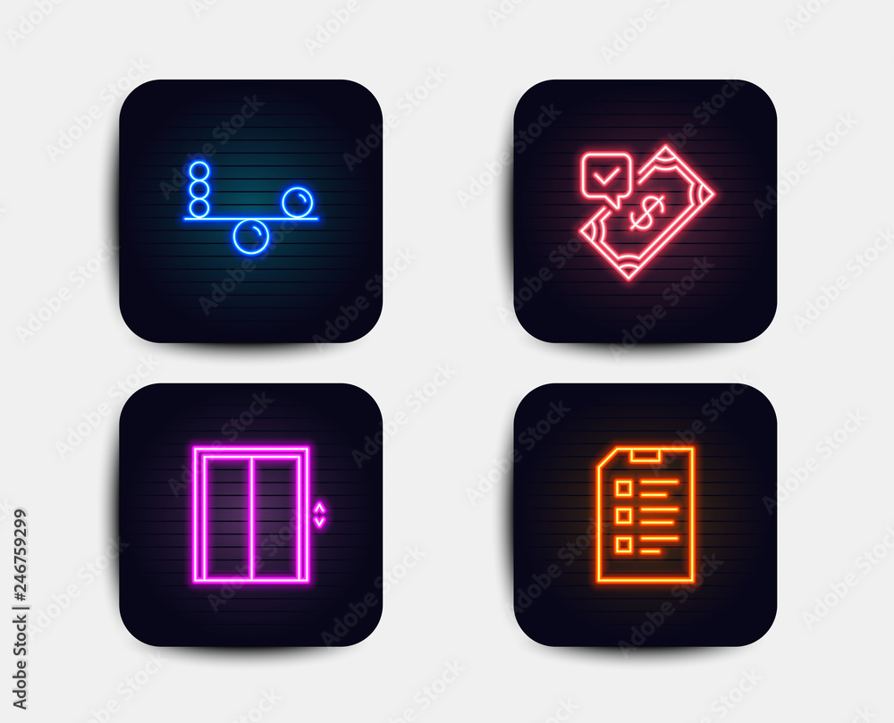 Neon glow lights. Set of Balance, Lift and Accepted payment icons. Checklist sign. Concentration, Elevator, Bank transfer. Data list. Neon icons. Glowing light banners. Vector Neon glow lights. Set of Balance, Lift and Accepted payment icons. Checklist sign. Concentration, Elevator, Bank transfer. Data list. Neon icons. Glowing light banners. Vector