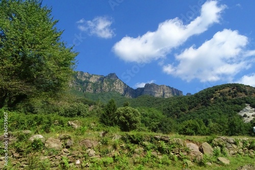 natural landscape of mountains and blue sky from La Vall den Bas, Catalonia, Spain