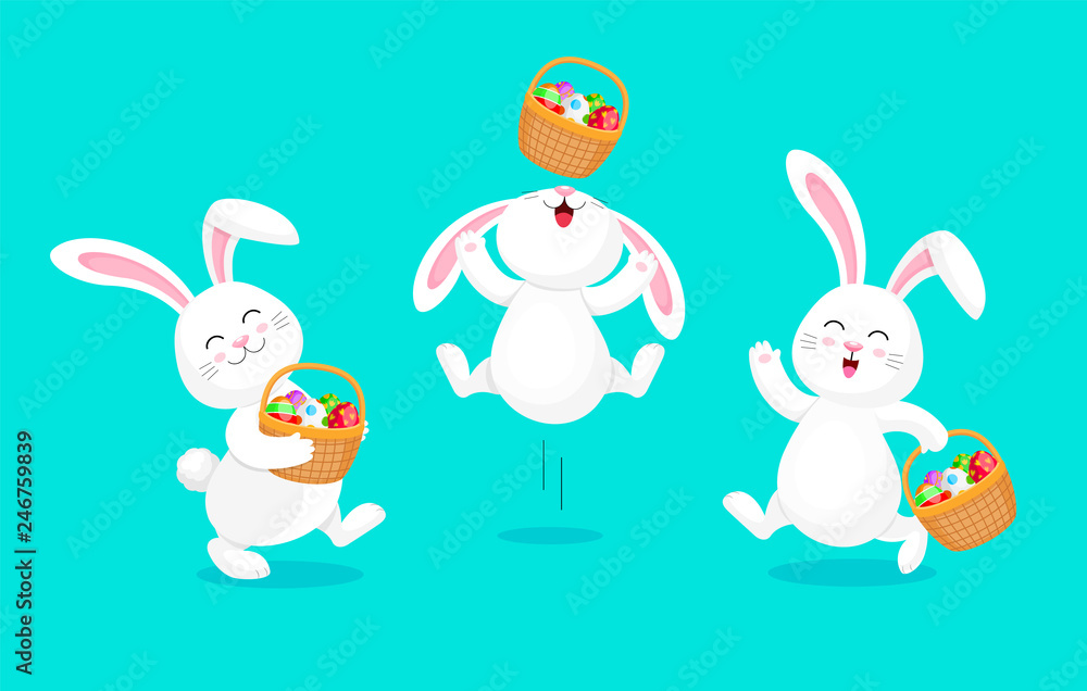 White rabbit holding Easter egg basket. Jumping and dancing. Cute bunny. Happy Easter day, cartoon character design. Illustration isolated on blue background. White rabbit holding Easter egg basket. Jumping and dancing. Cute bunny. Happy Easter day, cartoon character design. Illustration isolated on blue background.