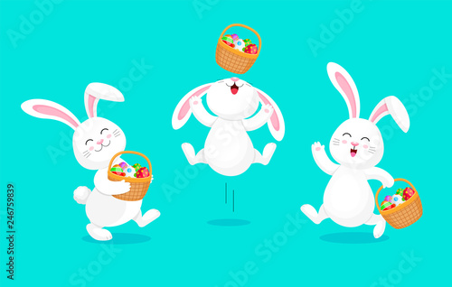 White rabbit holding Easter egg basket.  Jumping and dancing. Cute bunny. Happy Easter day, cartoon character design. Illustration isolated on blue background.