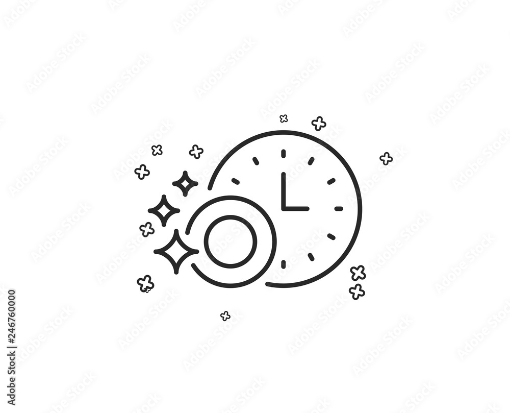 Fototapeta premium Cleaning dishes with Time line icon. Dishwasher sign. Clean tableware sign. Geometric shapes. Random cross elements. Linear Dishwasher timer icon design. Vector