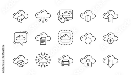 Cloud data and technology icons. Hosting, Computing data and File storage. Computer sync linear icon set. Vector