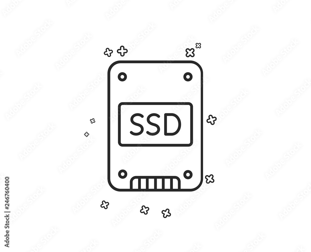 SSD icon. Solid-state drive sign. Storage disk symbol. Geometric shapes. Random cross elements. Linear SSD icon design. Vector SSD icon. Solid-state drive sign. Storage disk symbol. Geometric shapes. Random cross elements. Linear SSD icon design. Vector
