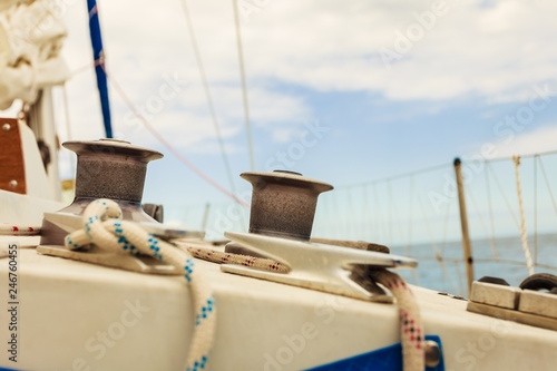 Yacht capstan on sailing boat during cruise