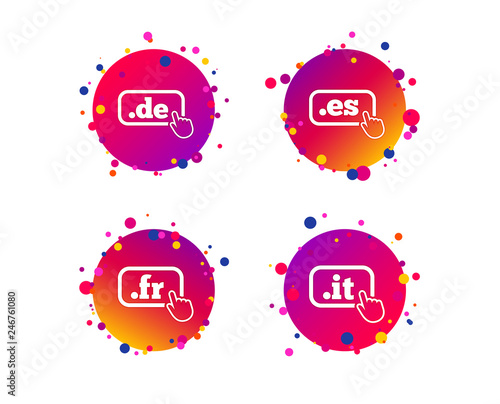 Top-level internet domain icons. De, It, Es and Fr symbols with hand pointer. Unique national DNS names. Gradient circle buttons with icons. Random dots design. Vector