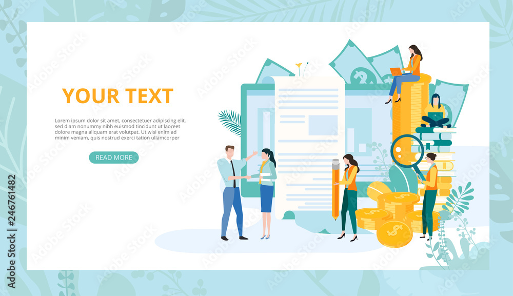 Landing page template for business projects with people, computer, money and space for text. Landing page template for business projects with people, computer, money and space for text.