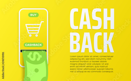 Money cashback yellow background with smartphone and green dollar banknote.
