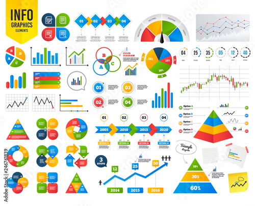 Business infographic template. File document icons. Search or find symbol. Edit content with pencil sign. Remove or delete file. Financial chart. Time counter. Vector