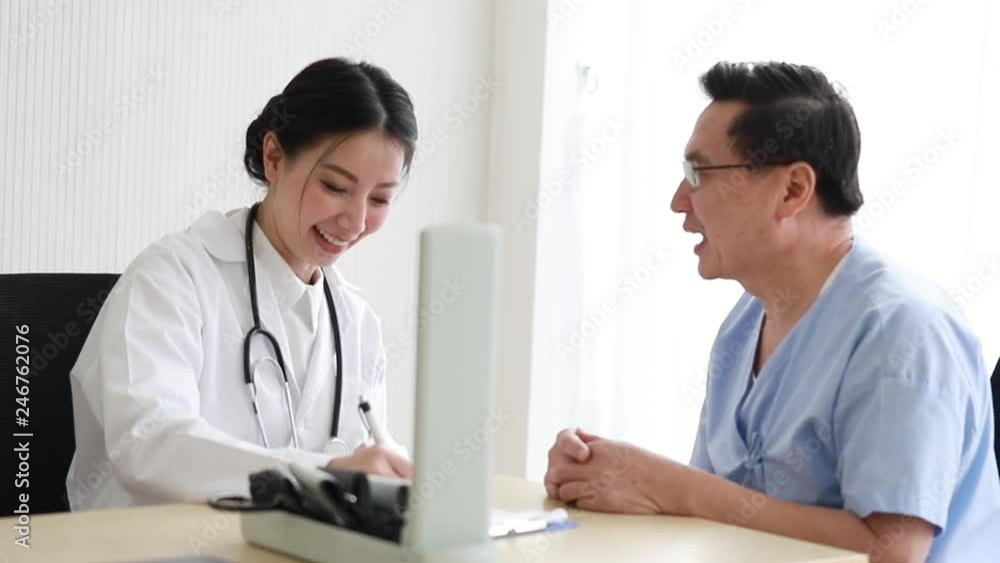 Medical professionals woman reassuring and talking with patient. Medical professionals woman reassuring and talking with patient.