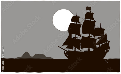 Old sea pirate sailing ship drifting near a treasure island in a tropical sea, black and grey contour vector illustration photo