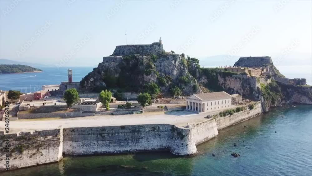 Aerial drone video of iconic old Venetian sea fortress of Corfu near center of old town, Kerkyra island, Greece Aerial drone video of iconic old Venetian sea fortress of Corfu near center of old town, Kerkyra island, Greece