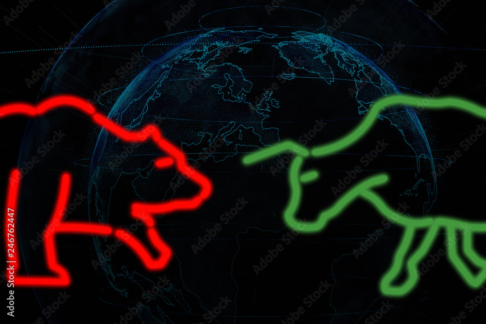 polygonal bull and bear shape writing by lines and dots with sparkle style over the particle of earth black background, trading and finance investment concept polygonal bull and bear shape writing by lines and dots with sparkle style over the particle of earth black background, trading and finance investment concept
