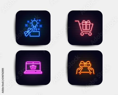 Neon set of Shopping cart, Online shopping and Creative idea icons. Give present sign. Gift box, Present box, Receive a gift. Neon icons. Glowing light banners. Vector