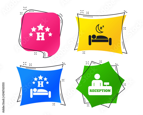 Five stars hotel icons. Travel rest place symbols. Human sleep in bed sign. Hotel check-in registration or reception. Geometric colorful tags. Banners with flat icons. Trendy design. Vector