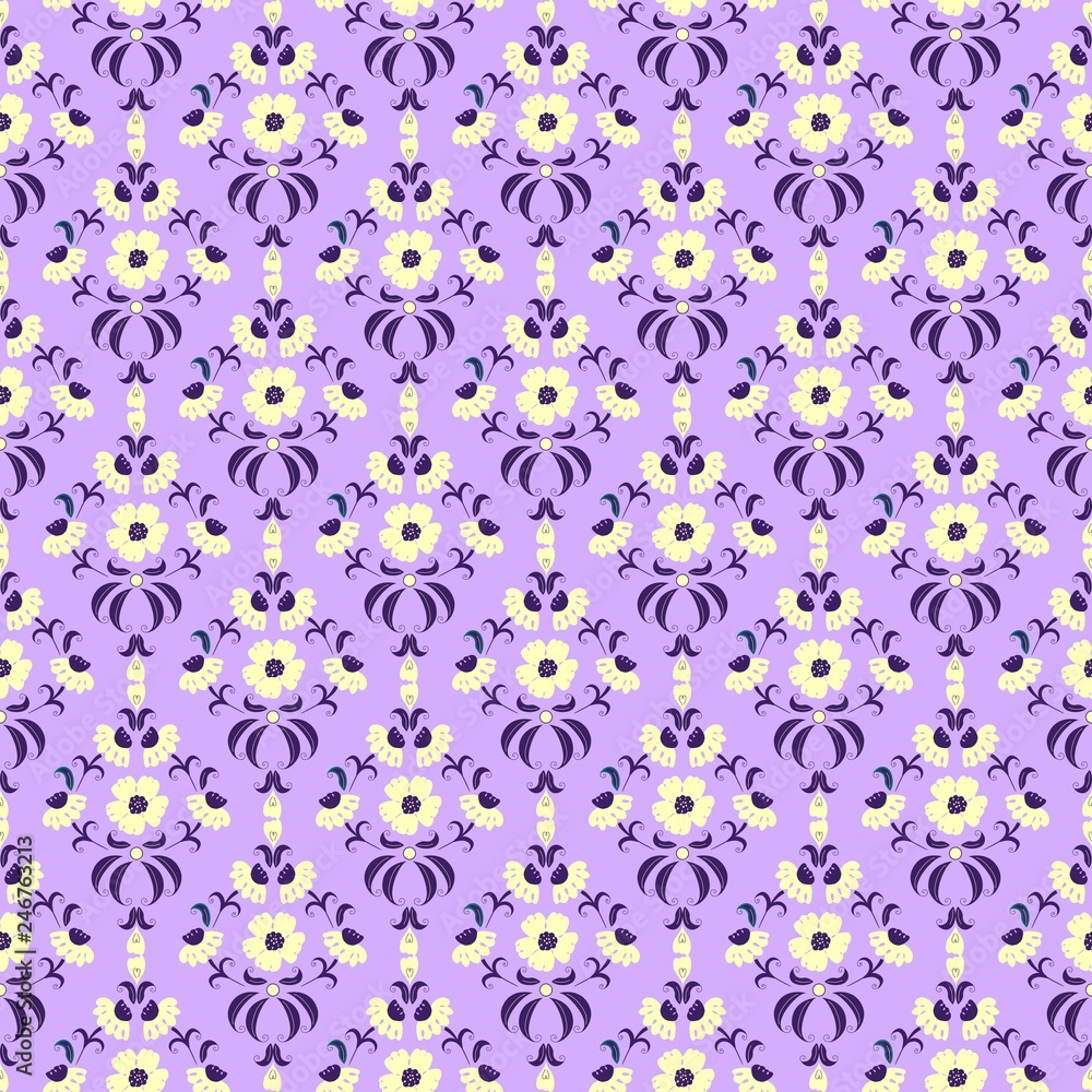 Purple and white damask floral pattern. Seamless vector repeat pattern with pink background. Two color pattern tile. 