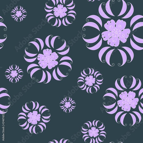 Abstract flower, hand drawn element, vector seamless pattern on dark background. 