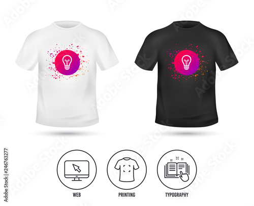 T-shirt mock up template. Light lamp sign icon. Idea symbol. Realistic shirt mockup design. Printing, typography icon. Vector