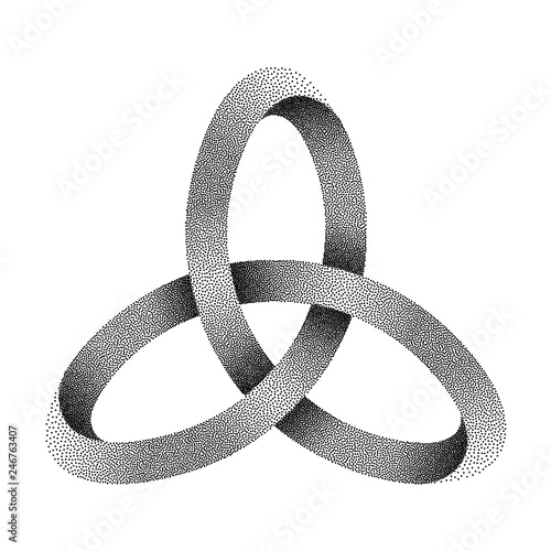 Stippled knot Triquetra made of mobius strip. Vector textured illustration.