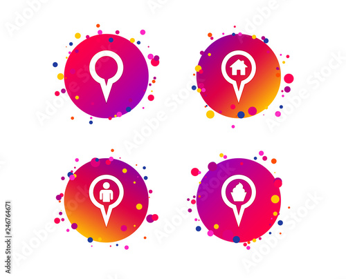 Map circle pointer icons. Home, food and user location symbols. Restaurant and cupcake signs. You are here. Gradient circle buttons with icons. Random dots design. Vector