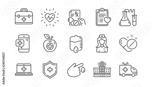 Medical line icons. Hospital assistance, Health food diet and Laboratory. Chemistry linear icon set.  Vector